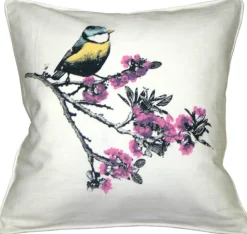 Bird on Cherry Blossom Branch 16x16 Throw Pillow