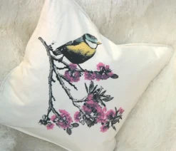 Bird on Cherry Blossom Branch 16x16 Throw Pillow