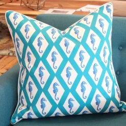 Capri Turquoise Argyle Seahorse Throw Pillow 26x26