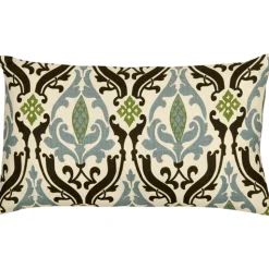 Linen Damask Print Blue Brown 12x19 Throw Pillow