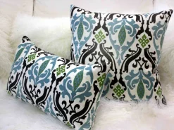 Linen Damask Print Blue Brown 12x19 Throw Pillow