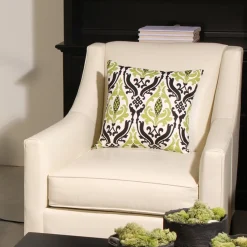 Linen Damask Print Green Black 16x16 Throw Pillow