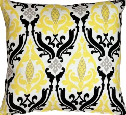 Linen Damask Print Yellow Black 18x18 Throw Pillow
