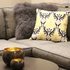 Linen Damask Print Yellow Black 18x18 Throw Pillow