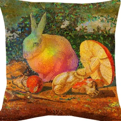 Mosaic Rabbit with Mushroom Throw Pillow
